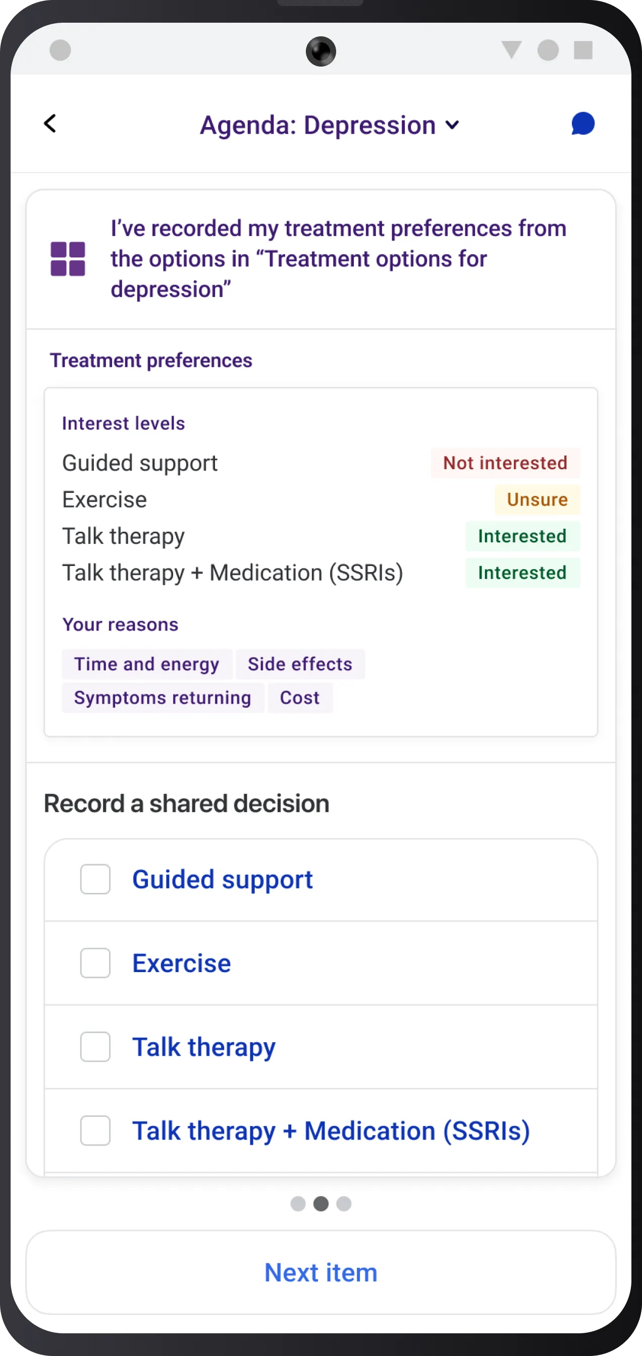 Demo view of the Fora Health app on an Android phone