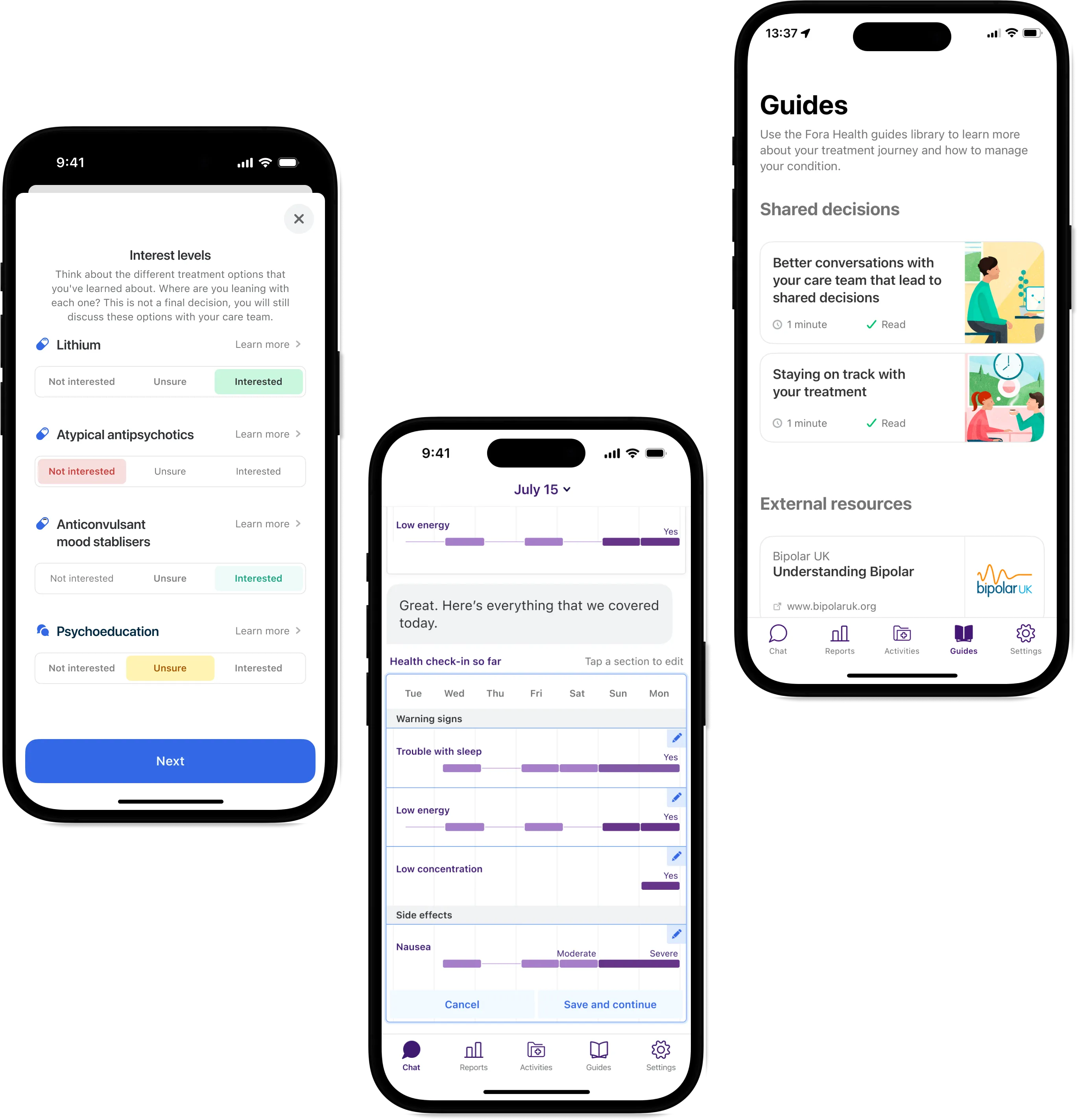 In session 15, we explored the user experience of engaging with a build of Fora Health for Bipolar Disorder over a two-week period.